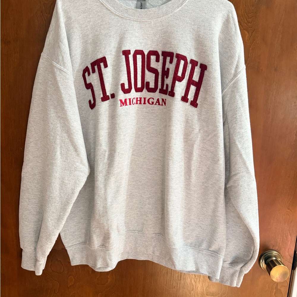 Gildan Light Gray Crewneck with Maroon ST. JOSEPH MICHIGAN Print